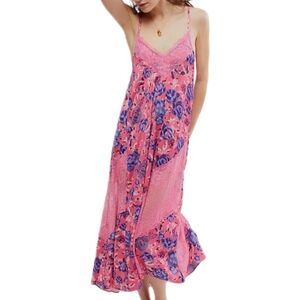 Free People Intimately First Date Printed Maxi Slip Dress Sweet Pink Combo XS